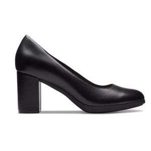Clarks Bayla Skip Slip-On Platform Dress Pumps Black Leather Block Heel Shoe‎ 9M